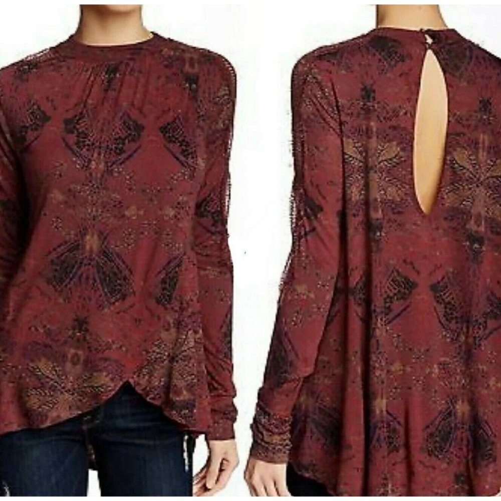 FREE PEOPLE Nouveau Tulip Crossover Tunic Top Burgundy Red Small Lace Wrap Boho